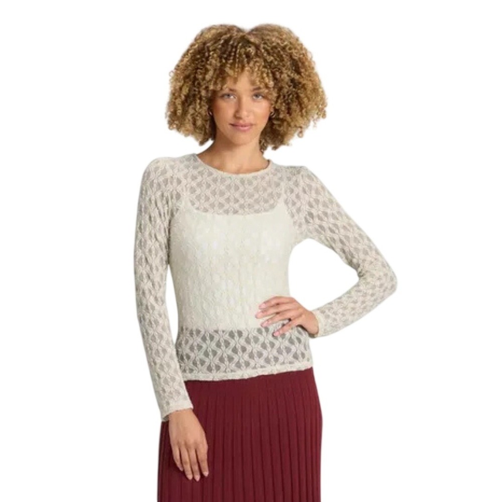 A New Day Women's Cream Floral Lace Sheer Long Sleeve Top Size Small